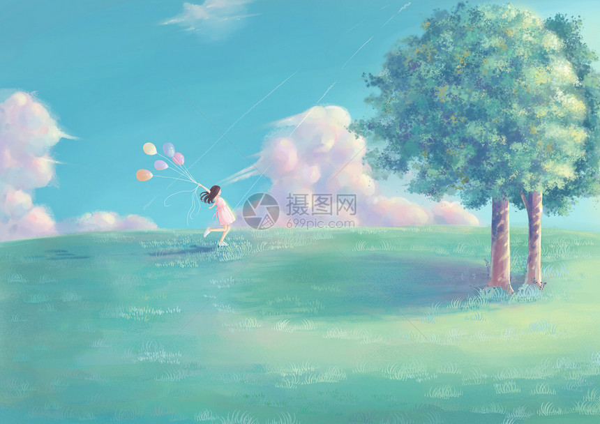 春天草地上拿气球奔跑的女孩图片
