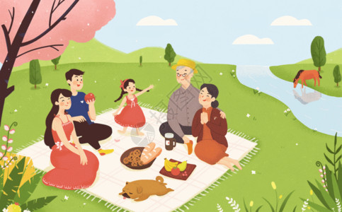 野餐垫与食物一家人出游GIF高清图片