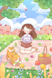 清新女孩郊游野餐插画图片