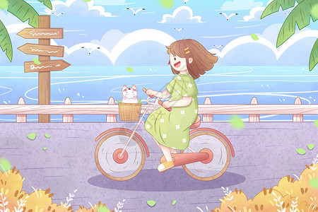 夏天女孩骑自行车插画图片