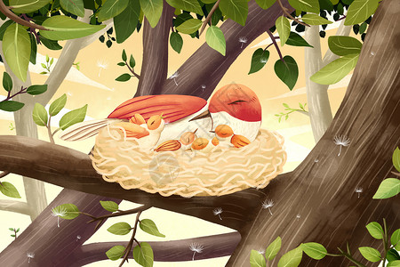 杏仁蛋糕鸟妈妈与小鸟的快乐时光插画