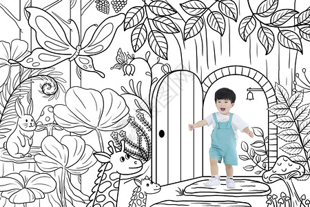 创意儿童摄影小朋友森林探索奇幻之旅简笔画插画
