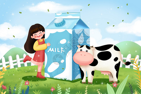 牛奶宣传海报女孩抱着牛奶开心的笑插画