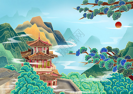 热门景区广州市白云区白云山景区国潮插画插画