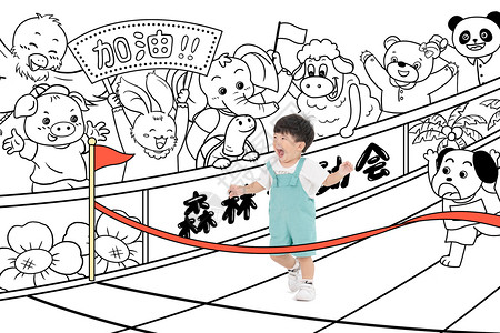 幼儿园运动会小朋友参加动物运动会简笔画插画