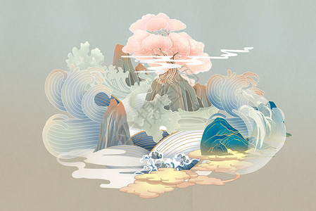 虎年山水创意元素国潮中国风景山水插画元素背景插画