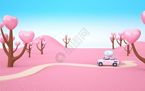 卡通粉色快递车粉色爱心出游小场景设计图片