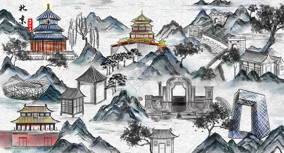 颐和园奇石北京城市印象旅游水墨插画插画