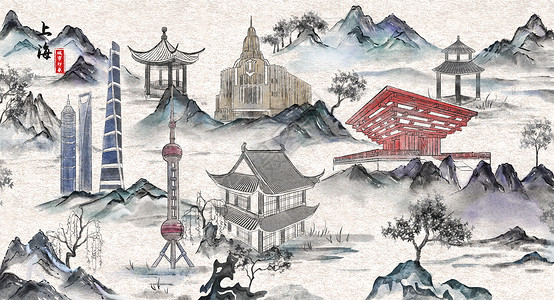 环球金融中心夜景上海城市印象旅游水墨插画插画