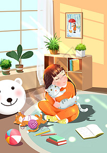 猫手机壁纸小女孩抱着与猫咪玩耍插画