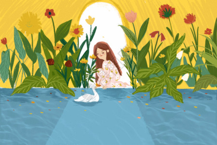 湖泊山峦插画花丛中的女孩GIF高清图片