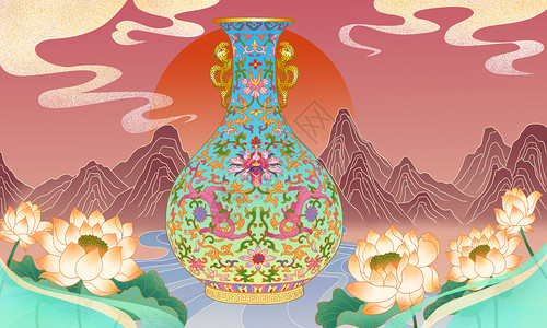 瓷器文物国潮风中国风宝藏粉彩花瓶插画