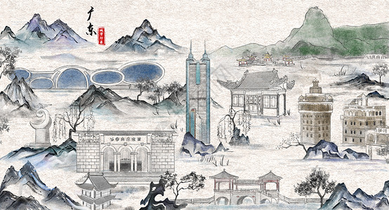 惠州西湖美景广东城市印象旅游水墨插画插画