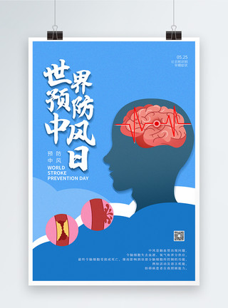人的大脑蓝色世界预防中风日海报模板
