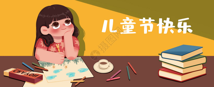 牛奶夹心巧克力画画的女孩儿童节插画banner插画