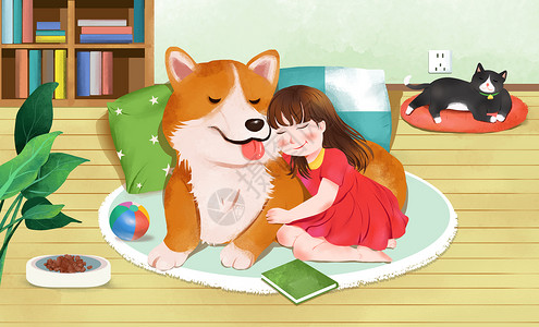 儿童实木书柜小女孩陪伴狗狗儿童卡通温暖居家日常插画插画