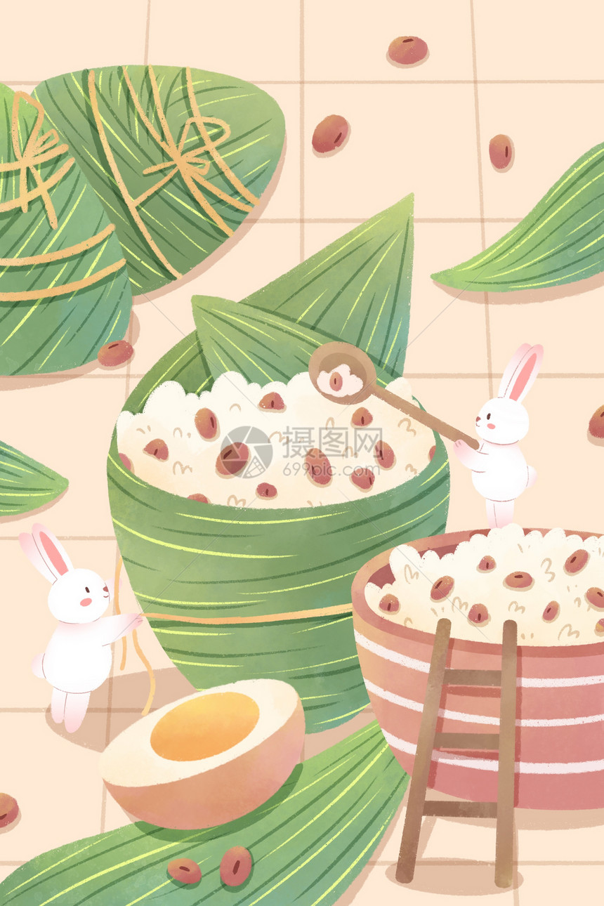 端午节兔子包粽子插画图片