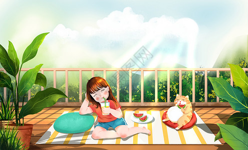 喝饮料的孩子卡通儿童人物女孩与猫的夏天插画
