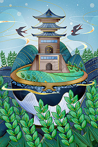 芒种节气国潮风麦穗建筑插画背景图片