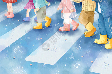 积水夏天雨季下雨天过马路的孩子们插画