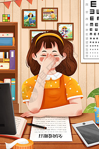 6月海报6月6日全国爱眼日做眼保健操女孩插画插画