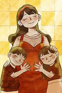 亲子洗澡三胎政策之怀孕的妈妈和两个孩子沐浴在阳光下插画