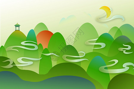 新中式绿色山水中国风矢量背景图片