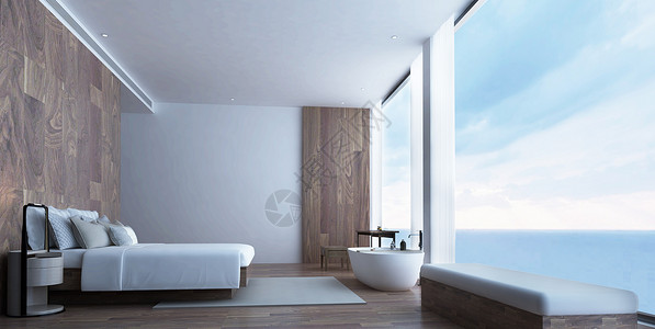 酒店大床房3D海景房场景设计图片