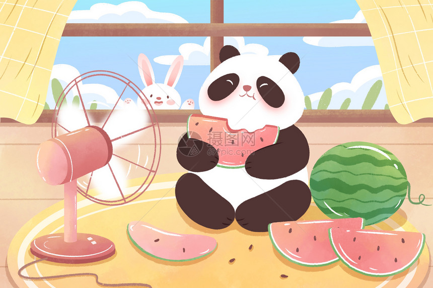 小暑节气夏日吃西瓜插画图片