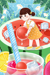 夏天做水果冰饮的女孩背景图片