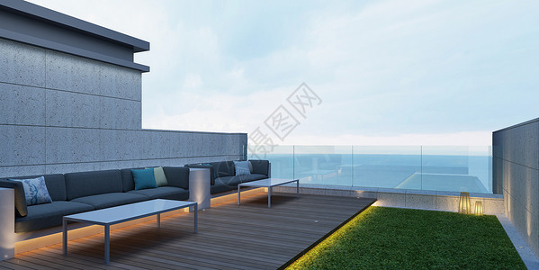 泳池露台3D海景房场景设计图片