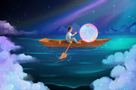 星球之旅与云海伴月唯美插画壁纸背景图片