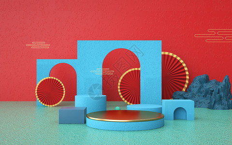 中国风扇子装饰国潮电商展台设计图片