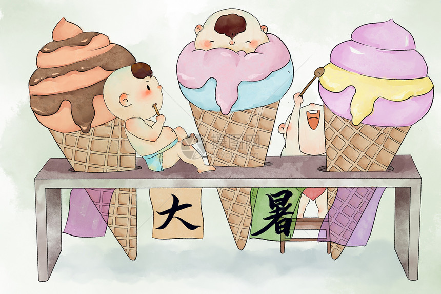 冰淇淋宝宝水彩风插画图片