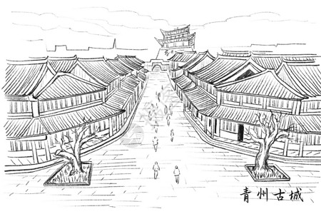 旅游风景速写山东青州古城插画