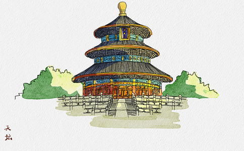 古风北京素材天坛公园5A景区插画