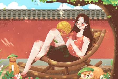 新中式围墙大暑三伏天树下乘凉吃西瓜女孩GIF高清图片