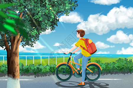 背包上学夏日户外骑单车男孩插画