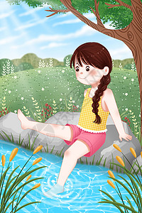 夏天河边玩水的女孩图片