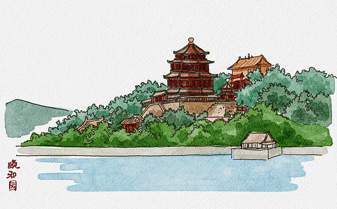 北京古建筑风景颐和园北京5A景点插画