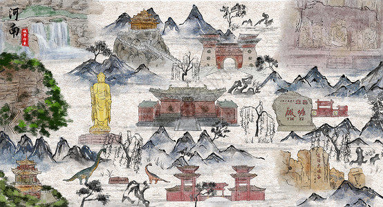 龙门石窟全景图河南印象旅游水墨插画插画