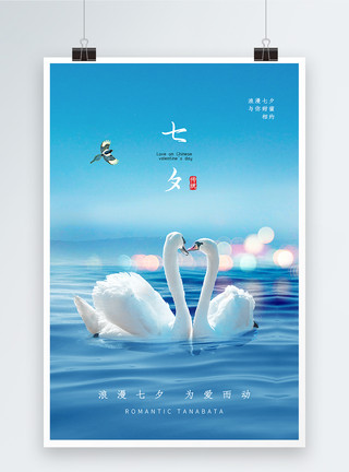 慈湖中的天鹅简约时尚大气七夕天鹅情人节海报模板