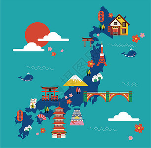 富士山醉美樱花日本旅游地图插画