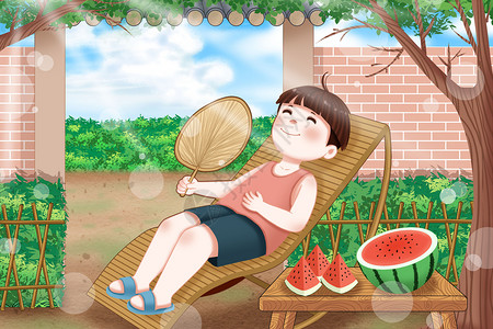 树荫下乘凉吃西瓜的小孩背景图片