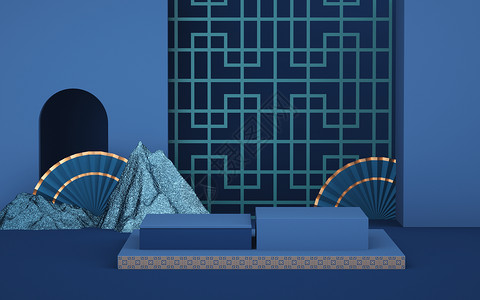 现代中式景观蓝色中式国潮展台设计图片