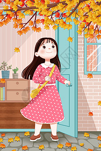 秋天枫树下的女孩背景图片