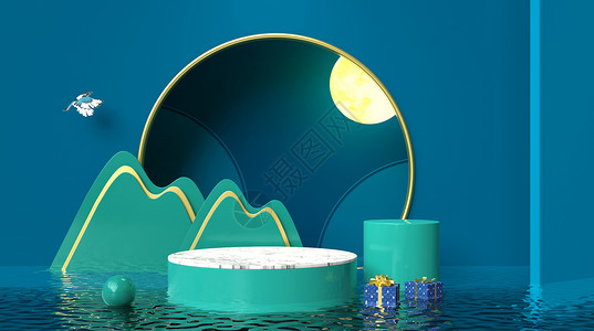 水面月亮七夕展台背景设计图片