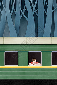 绿皮火车坐着火车去旅行插画