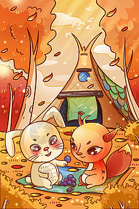 立秋节气森林小松鼠和小白兔分享浆果图片
