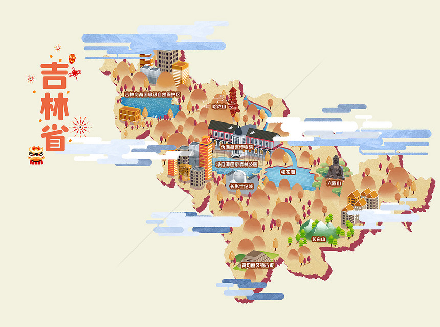 吉林省旅游地图插画图片